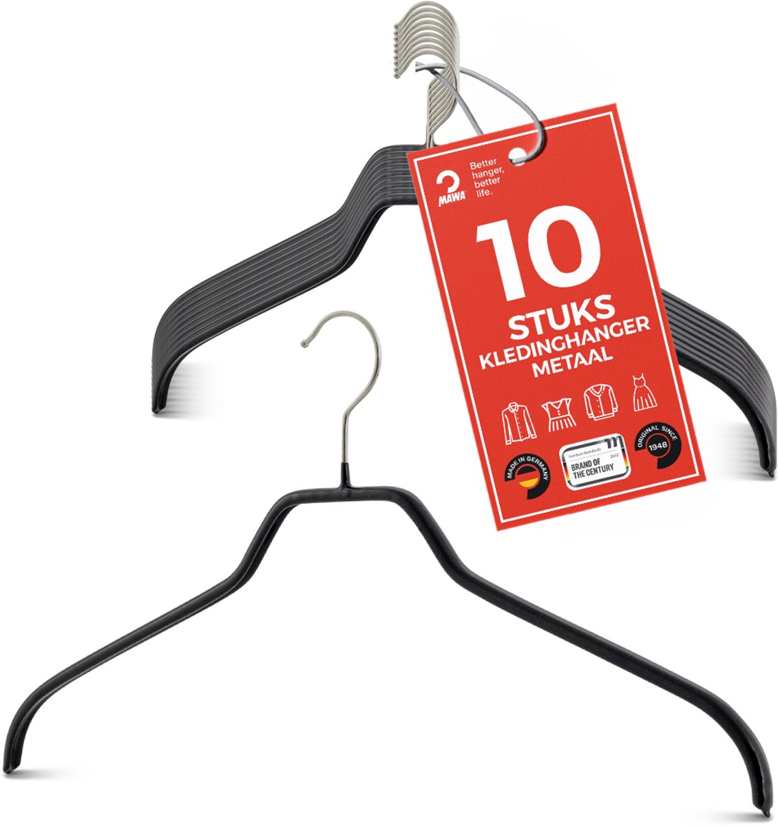 MAWA Kledinghangers - Set van 10 - Ruimtebesparende en Antislip Hangers voor Overhemden en Blouses - 360° Draaibare Haak - Hoogwaardige Antislip-Coating - 36 cm, Zwart