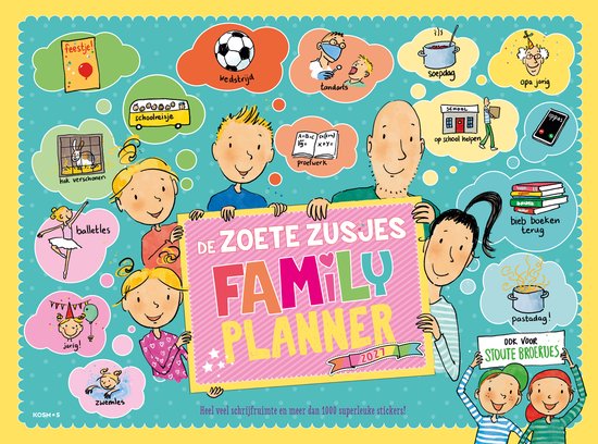 Kleurrijke familiekalender 'De Zoete Zusjes' met illustraties van kinderen, spelletjes en school