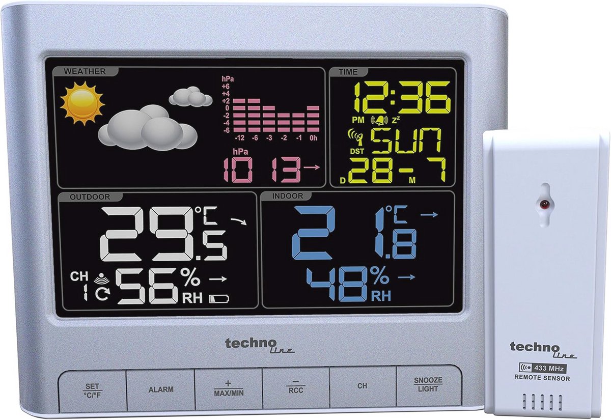 Modern weerstation met gekleurd display en weersvoorspelling