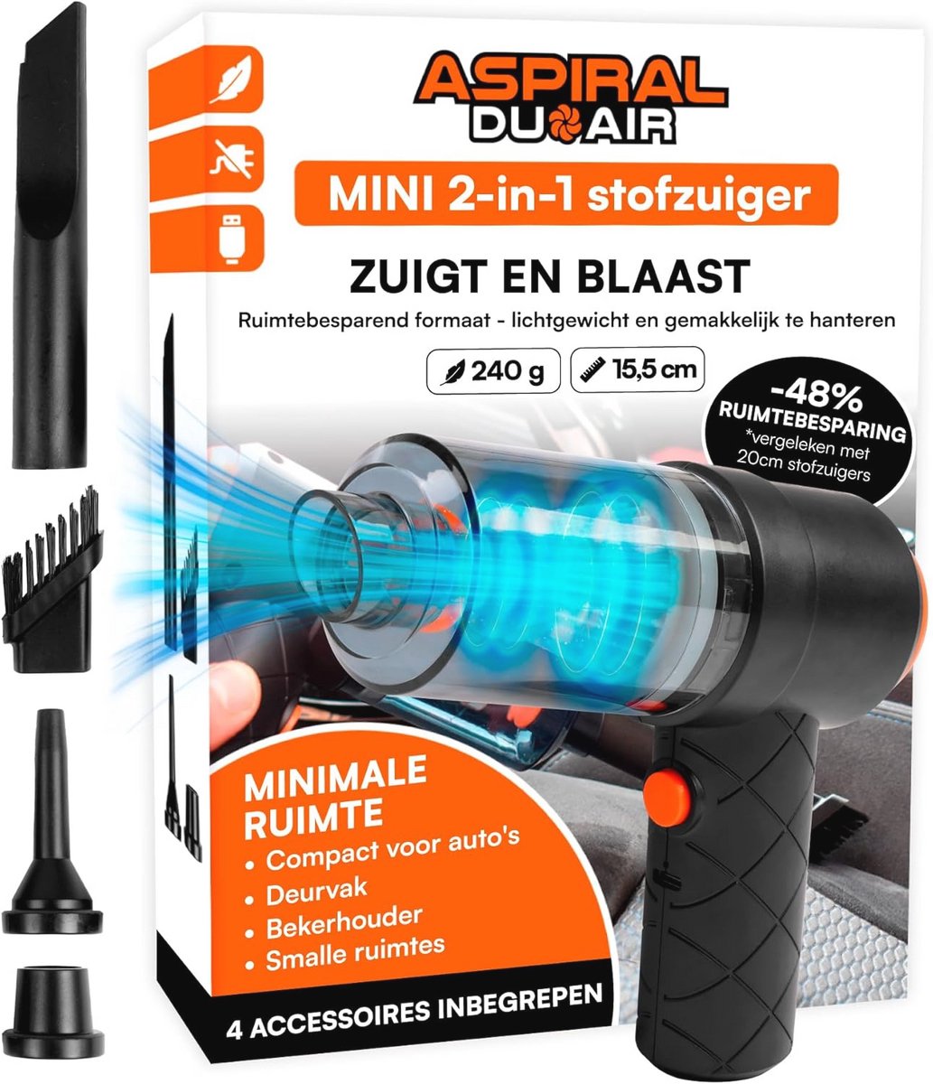 Draadloze Handheld Stofzuiger en Blazer 2-in-1 voor Auto en Huis - Mini Draagbaar met USB Opladen en 4 Accessoires