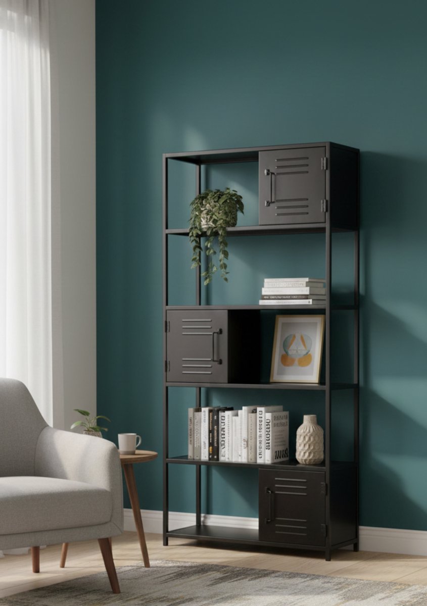 Bergkast Metaal Zwart – Industriële Opbergkast Ferro Luxe – Hoge Kast met Open Vakken & 3 Lockers – 200×90×40 cm – Altameubel