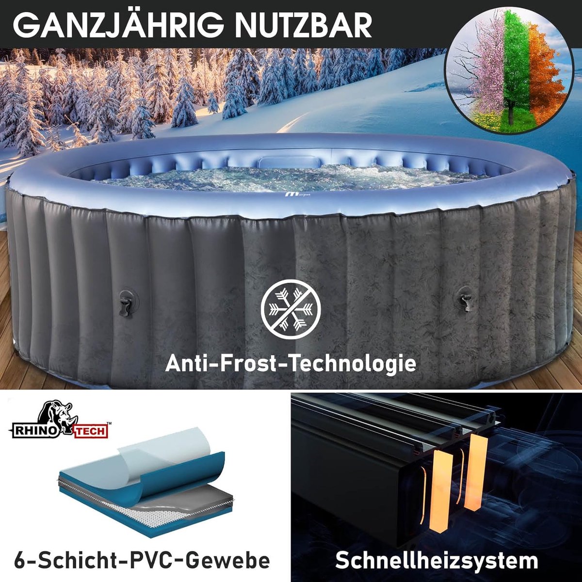 Opblaasbare Jacuzzi Altameubel Luxury Spa Bergen 4-Persoons | Ø180cm | 118 Massagejets | Energiezuinig & Winterbestendig | UVC-Desinfectie | Snel Opblaasbaar | Binnen & Buiten Gebruik | 40°C Verwarming | Compleet Luxe Bubbelbad