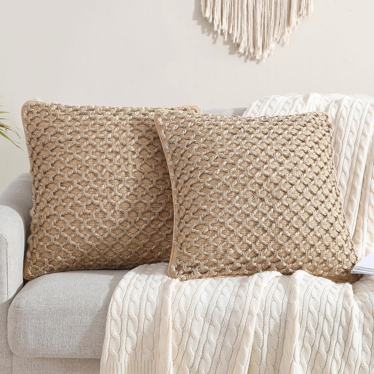 Decoratieve plaid en kussensloop set voor woonkamer, premium geweven ontwerp, beige