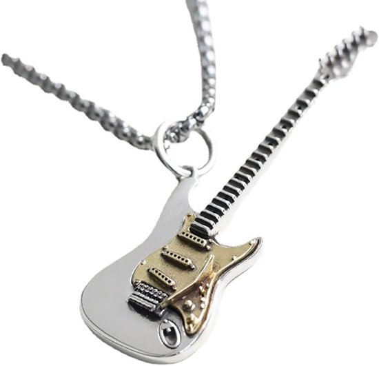 Zilverkleurige elektrische gitaarhanger met gouden details aan een zilverkleurige ketting.