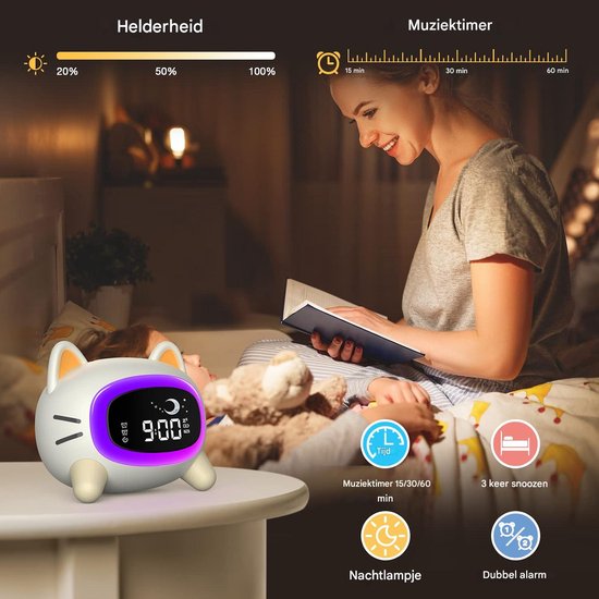Ynkkvre - Slaaptrainer Kind - Wekker Kinderen met Nachtlampje & Geluiden - Digitale Slaapwekker Peuter - kan worden gebruikt tijdens slaaptraining en geluidsontwaking , Oplaadbaar via USB-C- kat van Ynkkvre — afbeelding 4
