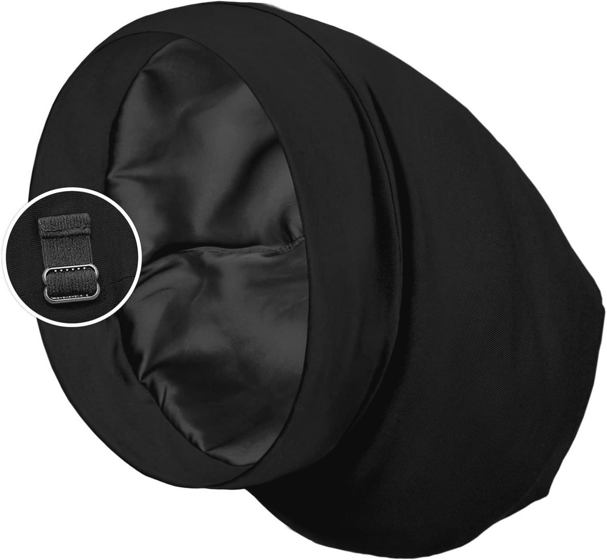 Satijnen gevoerde slaapmuts voor krullend haar en vlechten - Stay On All Night Wrap, verstelbare riem, zwart