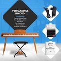 Verpakkingsinhoud digitale piano: piano, 3 pedalen, kruk, stroomadapter, stickers, handleiding.