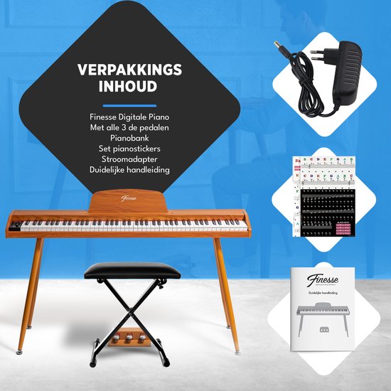 Verpakkingsinhoud digitale piano: piano, 3 pedalen, kruk, stroomadapter, stickers, handleiding.