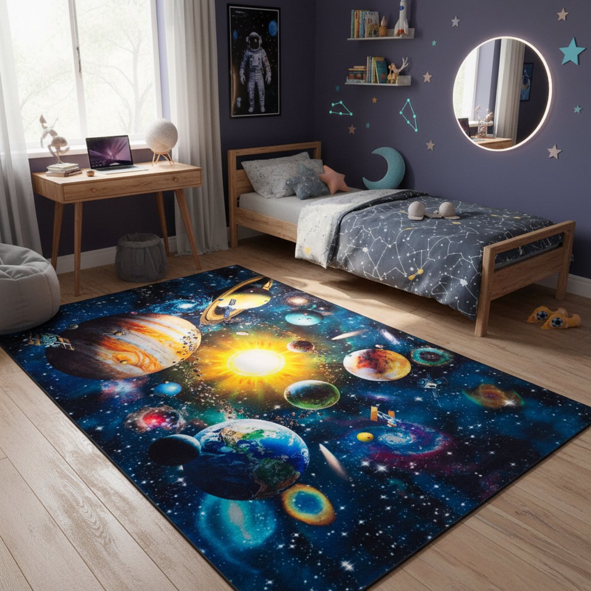 Tapiso COSMO GAME Vloerkleed Kinderkamer Planeten Kindertapijt Ruimtevaart Speeltapijt voor Kinderen Educatief Tapijt met Bont Universum Motief Laagpolig, Antislip, Makkelijk te Reinigen- 200x300