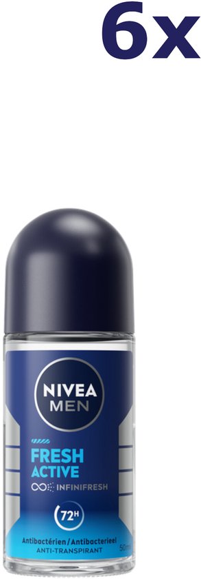 NIVEA MEN Fresh Active roll-on deodorant met donkerblauwe dop. 6x verpakking.
