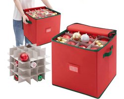 BODYGAD Opbergdoos voor kerstballen met verstelbare verdelers, opbergtas, Kerstmis met 4 niveaus, afneembaar met handgrepen, 64 balopbergzakken, niet-geweven stof, 33 x 33 x 33 cm