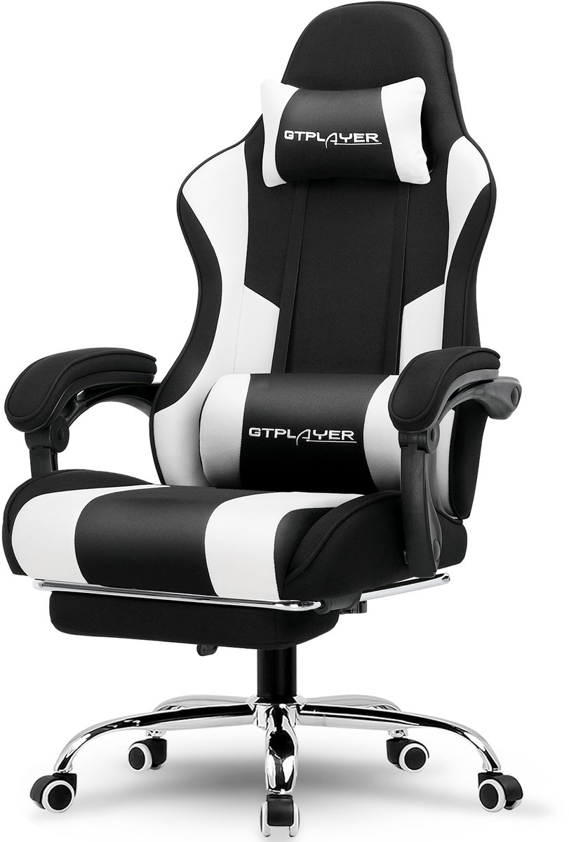 GTPLAYER Gamingstoel 135° verstelbaar, ergonomisch, met uitschuifbare voetsteun - Wit stof