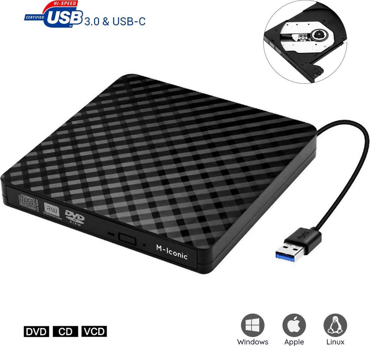 THS Externe DVD Speler en Brander voor Laptop en MacBook - CD/DVD Brander - USB 3.0 & USB-C Adapter - Plug & Play - Windows 11, Mac OS & Linux - THS