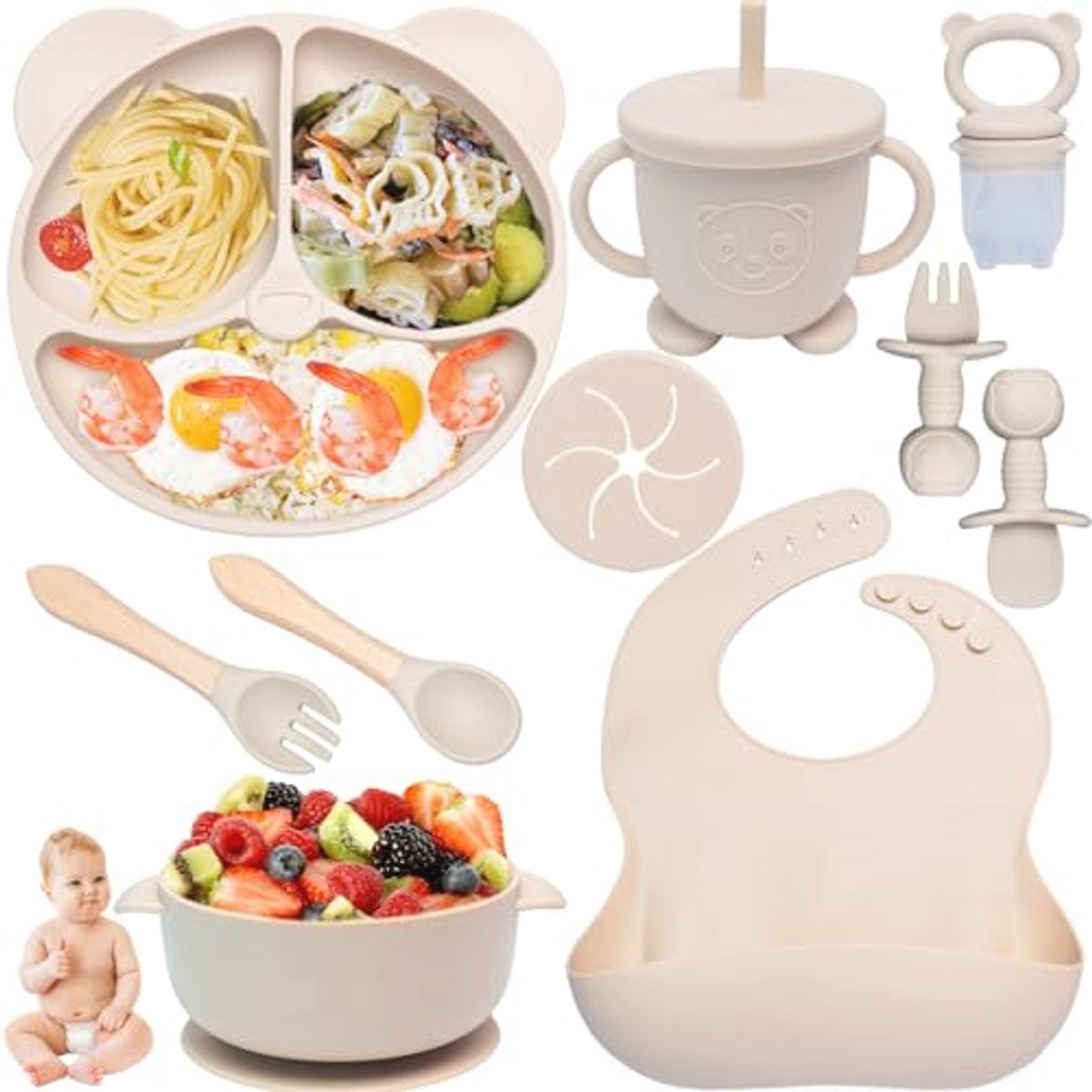 10-delige babyspenen set - siliconen voedingsset met zuigkom, verstelbaar slabbetje, beker en voedselbord - ideaal voor babygeschenken