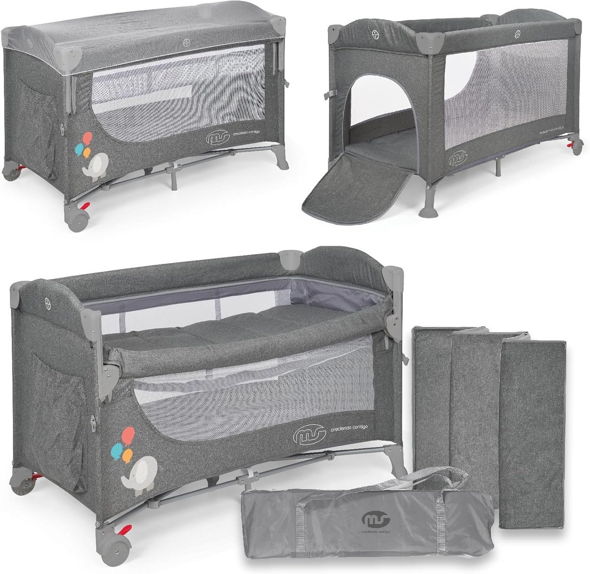 3-in-1 Reiswieg, Speelpark en Klassieke Wieg - Co-Sleeper - Inklapbaar met 2 Hoogtes, Zijdelings Toegang en Remwielen