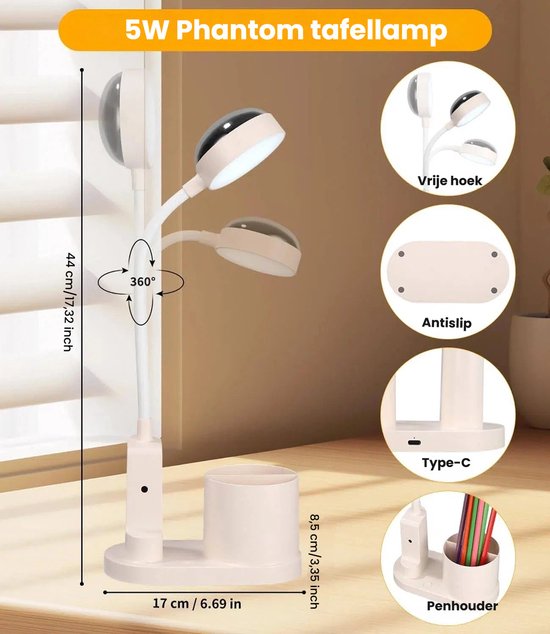 LED Bureau Lamp voor Kinderen met Sterrenprojectie - Draadloze Tafel Lamp met Pennenhouder en Oplaadbare Leeslamp — afbeelding 3