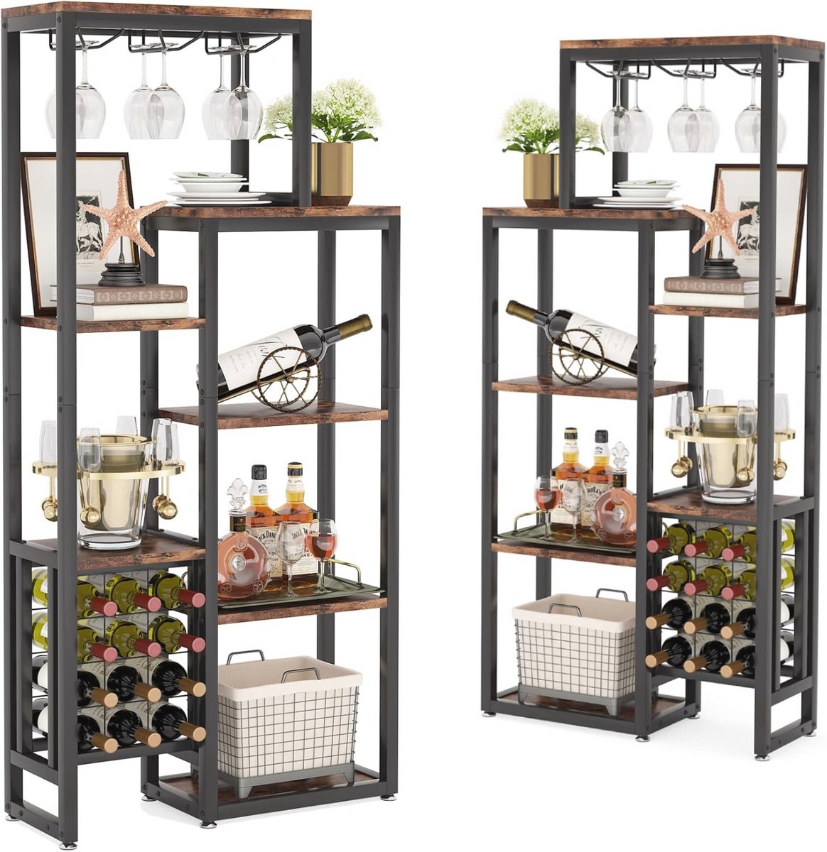 Vrijstaand Wijnrek voor 5 Flessen met Glazen Houder - Industrieel Design voor Keuken en Eetkamer