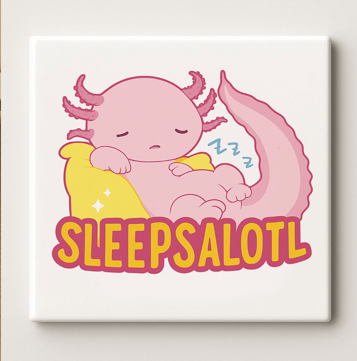 Sleepsalotl Decoratieve Tegel 15x15 cm – Schattige Slapende Axolotl Illustratie – Kawaii D