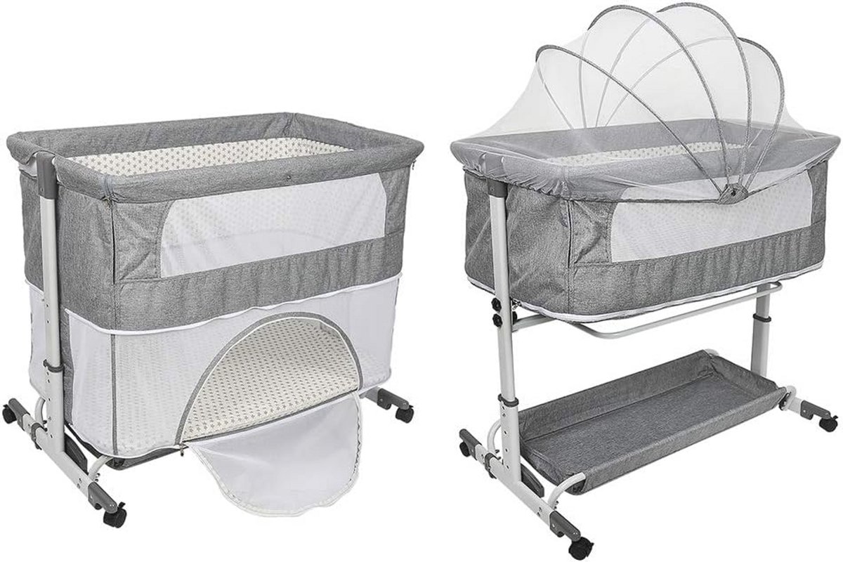 Opvouwbaar Babybedje Met Verstelbare Hoogte, Mosquito Net En Tiltfunctie - Grey 113 x 66 x 84 cm