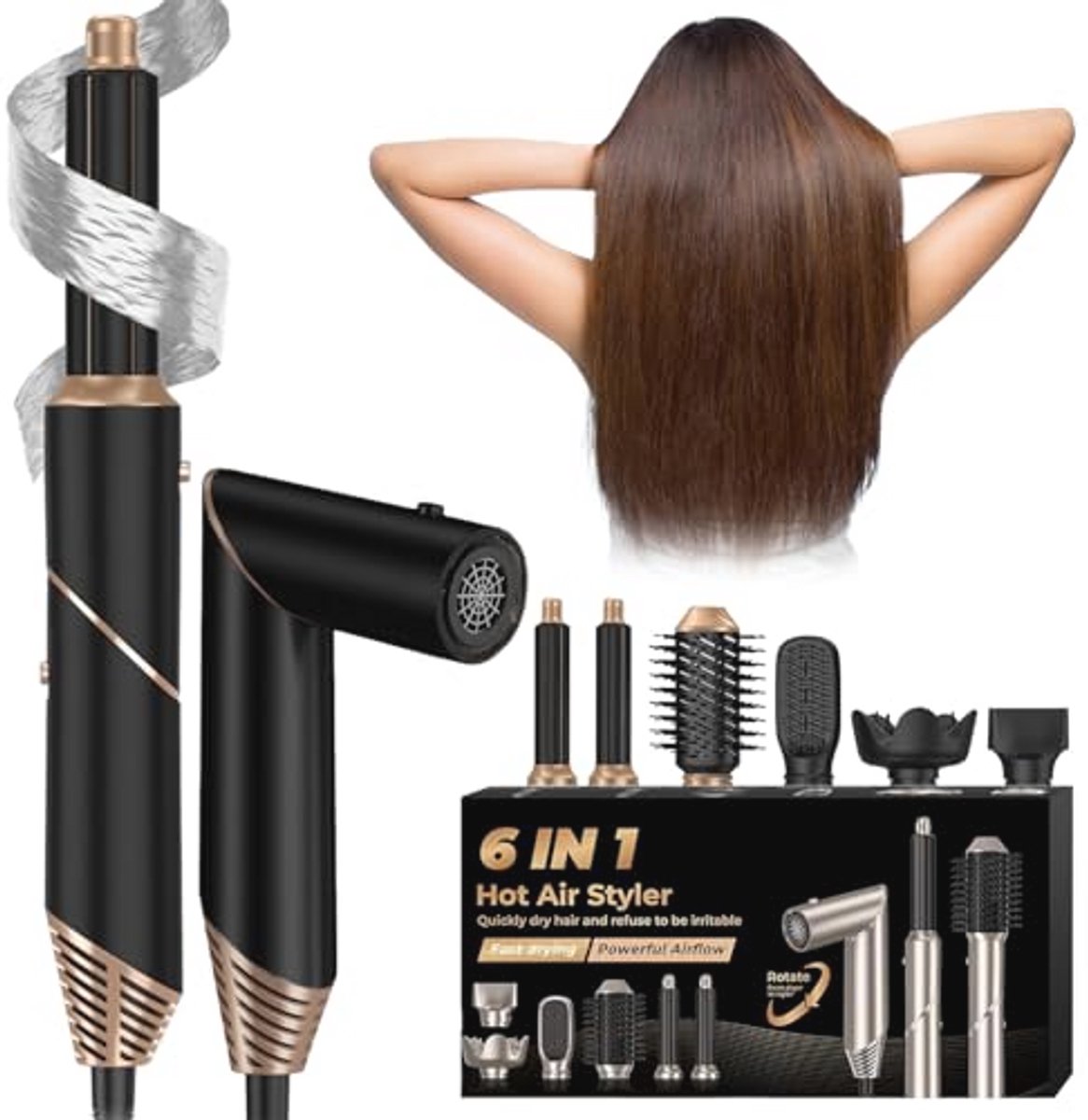 6-in-1 Opvouwbare Heteluchtkam Haarstyler - Warmteborstel met Ionen voor Krullen en Föhnen