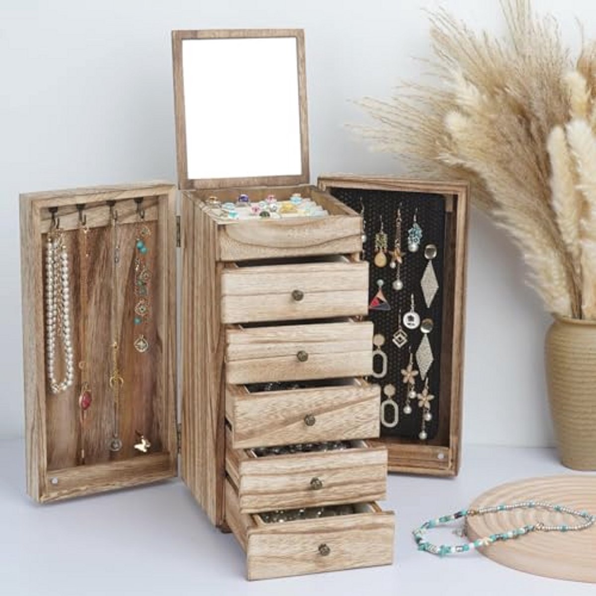 Houten Sieradendoos voor Vrouwen - 6-Layer Organizer met Uitneembare Laden en Spiegel voor Sieraden