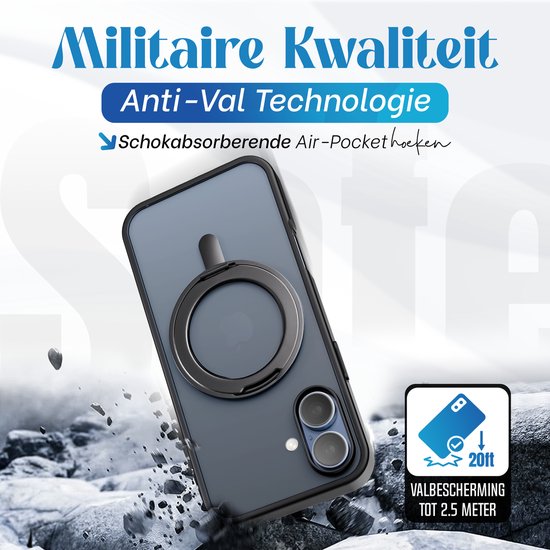 Étui Reovo compatible avec iPhone 17 MagSafe - Support à 360° - Protection contre les chutes jusqu'à 2 m - Zwart - Prise en main antidérapante - Protection de l'appareil photo