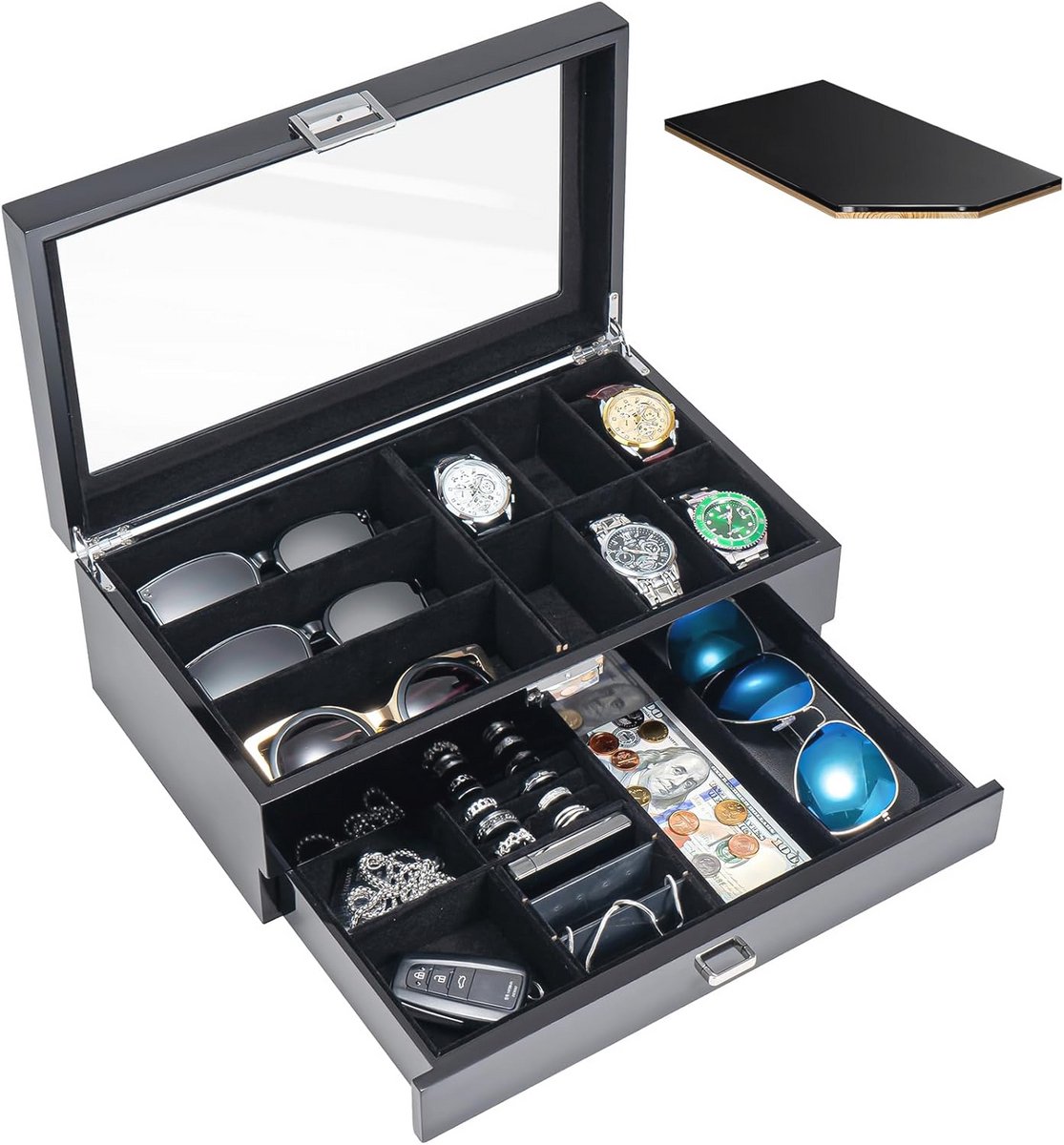 Houten Horloge Doos in Hoogglans, Opbergdoos voor Horloges en Zonnebrillen met Glazen Deksel, 6 Horloges en 3 Brillen