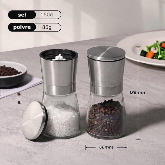 Stainless Steel Salt Pepper Mill with Glass Body Adjustable Ceramic Manual Grinder Herb Spice Crusher Suitable for Coarse Sea Salt, Peppercorn