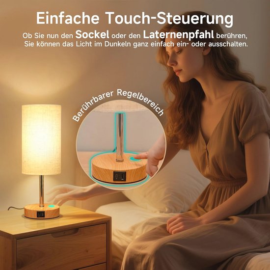 Dimbare Nachtlamp Met USB-A/C Oplaadpoort - Touch Bedlampje Voor Slaapkamer en Woonkamer van Merkloos — afbeelding 3