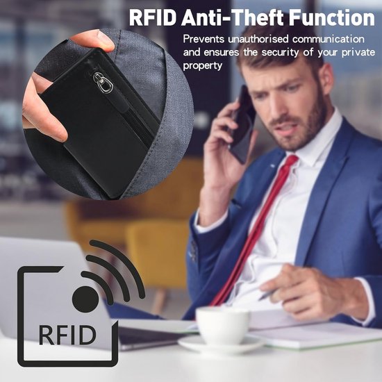 ROSSM Herenportemonnee met RFID-bescherming, herenkaarthouder van koolstofvezel en metaal, met geldclip en elastiek, RFID-portemonnee voor heren, slanke portemonnee voor heren, Zwart leder, Money Clip