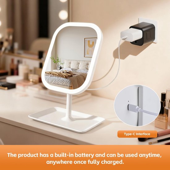Oplaadbare make-upspiegel met verlichting via USB Type-C-poort. Kan overal worden gebruikt na volledig opladen.