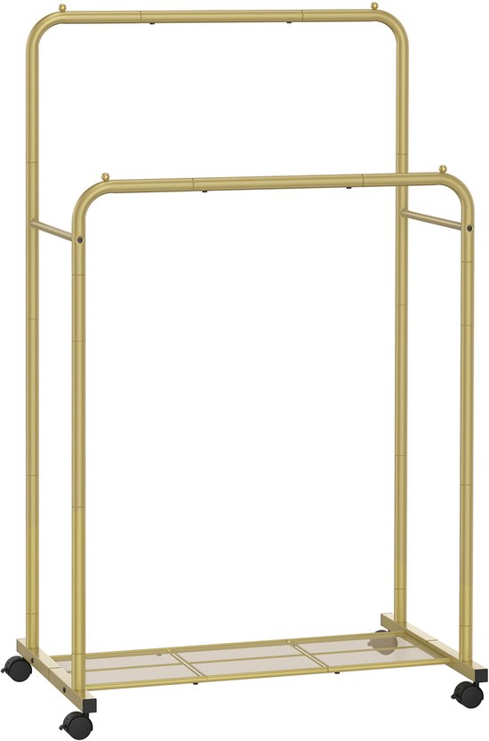 Simple Trending Double Rod Kledingrek - Heavy Duty Rollend Kledingrek Met Wielen En 4 Haken, Goud