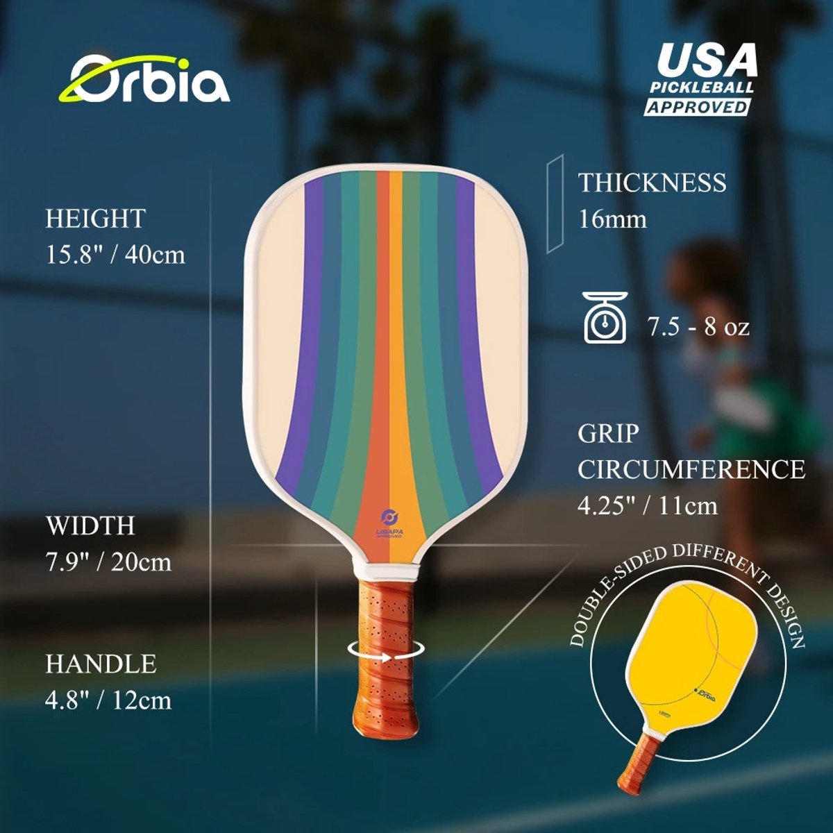 Orbia Pickleball Racket - Pickleball Paddle - Voldoet aan USA Pickleball richtlijnen - Oranje - Blauw