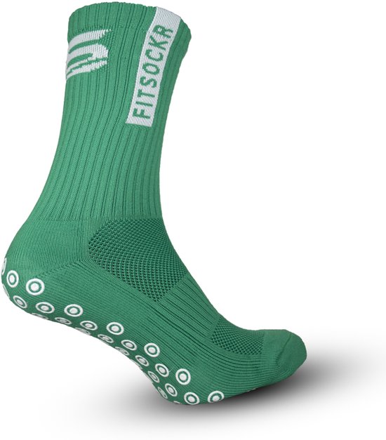 Chaussette de sport verte avec texte "FITSOCKR", rayures blanches et grip circulaire sous la semelle.