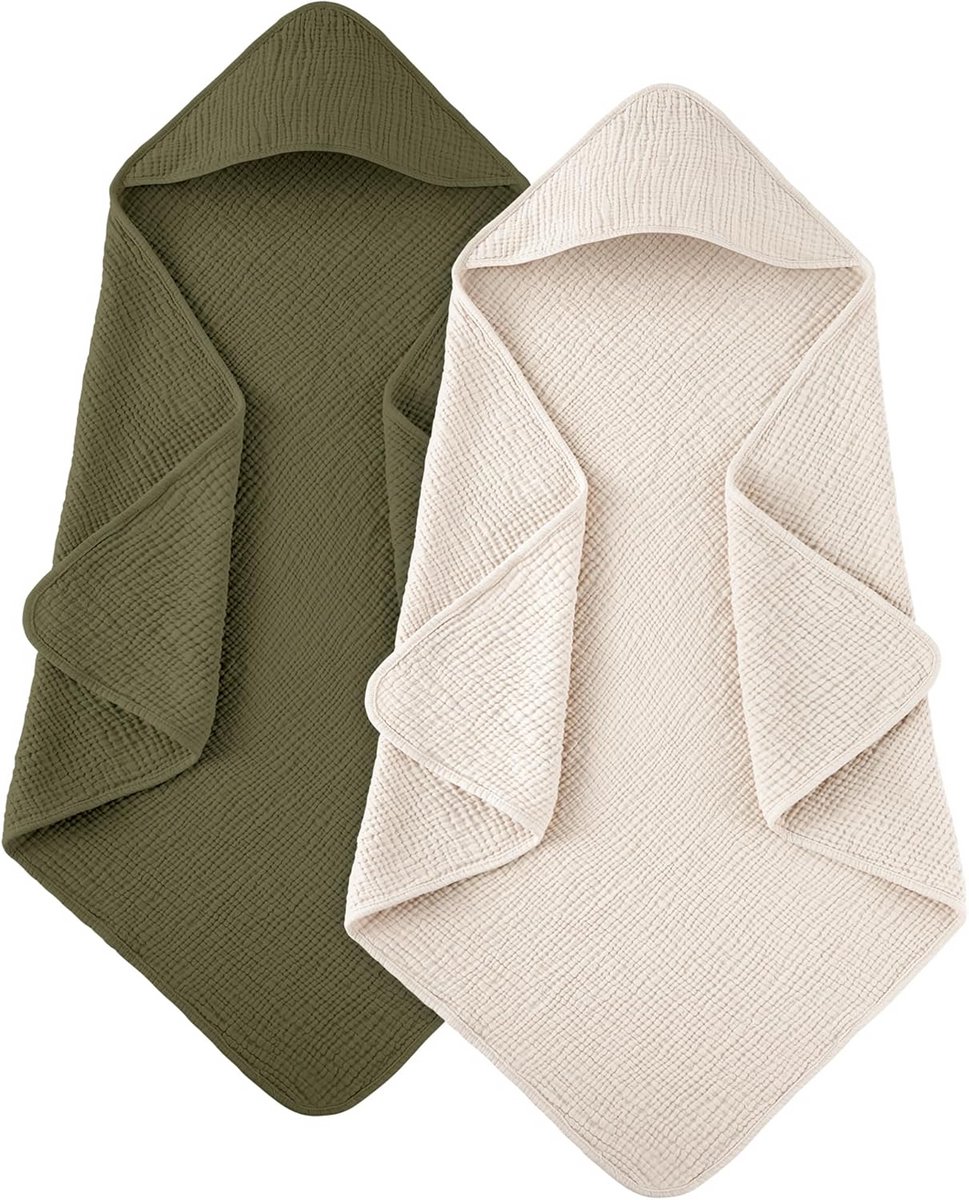 Hooded babyhanddoek 100% katoen mousseline 76x76 cm donkergroen - 2 stuks