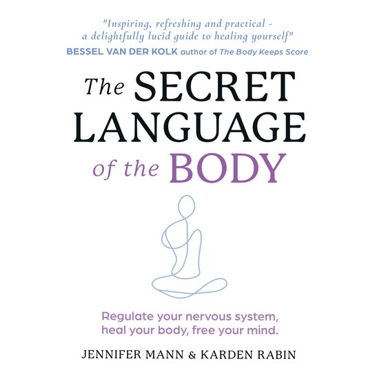 Livre 'The Secret Language of the Body' avec texte et dessin stylisé d'une personne en méditation.