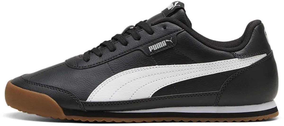 Zwarte PUMA Turino II voetbalschoenen met witte zijkanten en rubberen buitenzool, EU 37, retro hardloopschoenstijl.