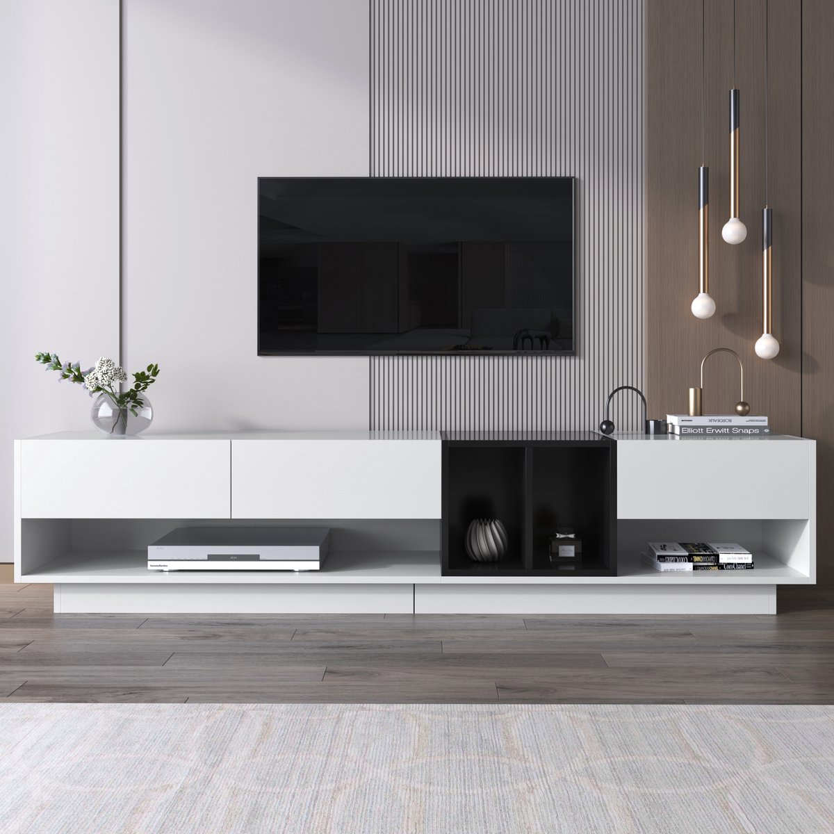MODFU TV-meubel 190x40x42 cm van MDF-hout, hoogglans wit en zwart, met laden en open vakken