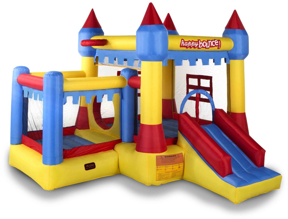 Avyna Springkussen New Castle 5-in-1 – Met Glijbaan, Ballenbak en Basketbalnet – 320x300 cm – Inclusief Blower – Voor Thuisgebruik