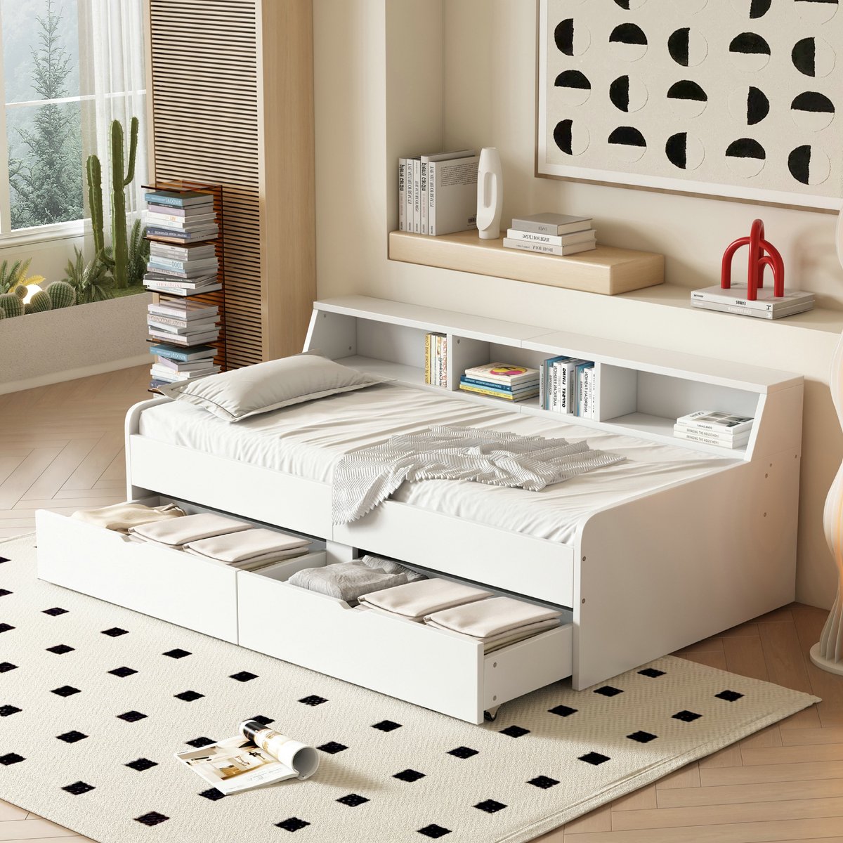 VVBV Kinderbed 90x200 cm Dagbed met twee laden en wit opbergvak