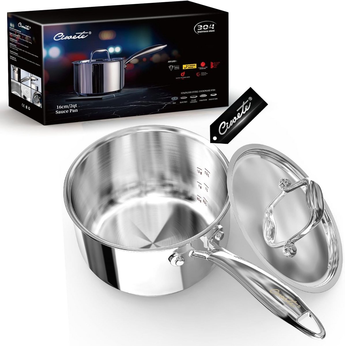 2 Quart Steelpan met Deksel - 18/10 Roestvrij Staal - Geschikt voor Inductie - Vaatwasmachine en Ovenbestendig