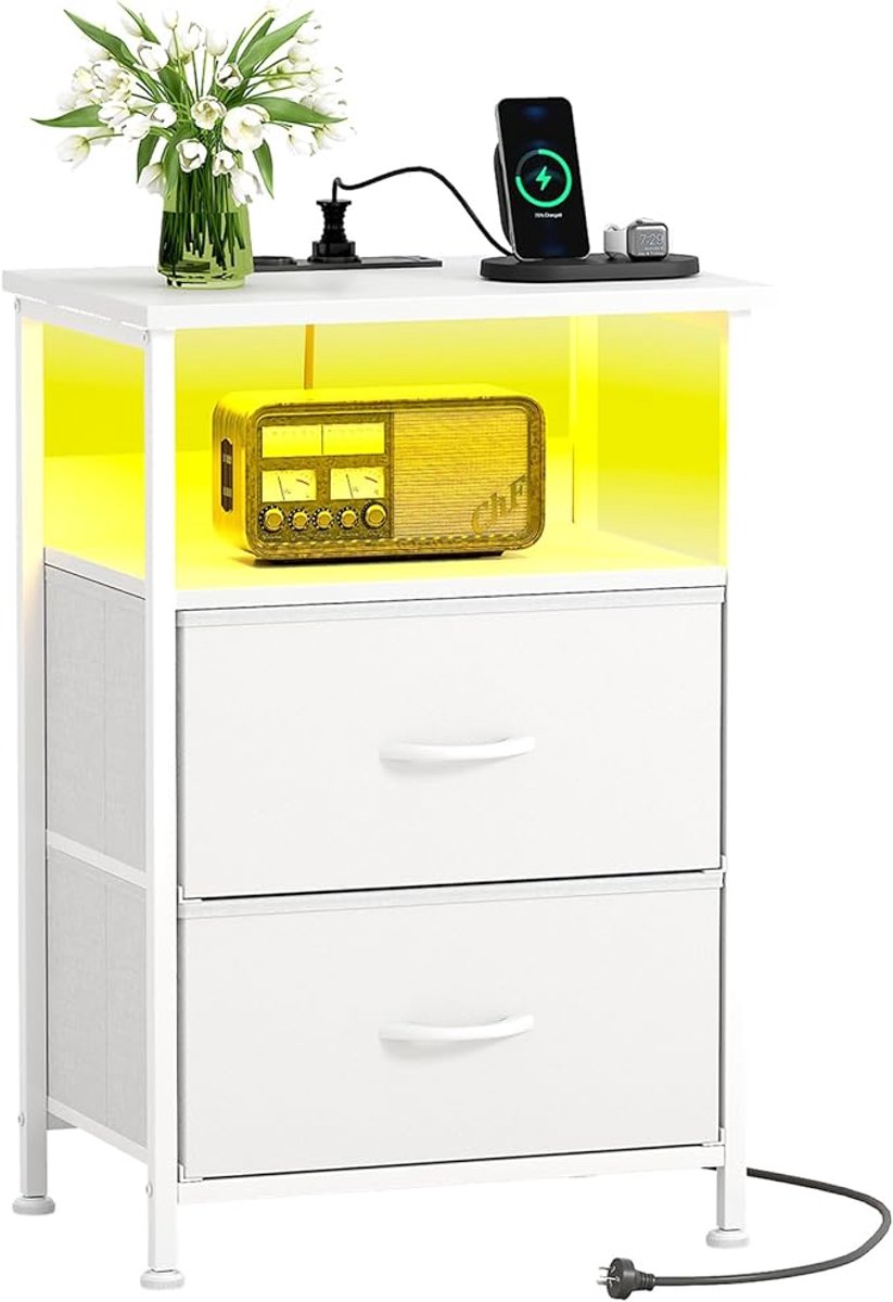 Thuys- Nachtkastje set van 2 met LED & Oplaadfunctie – Bijzettafel met Lade – 2 Stopcontacten & 2 USB-C Poorten – Modern Nachtkastje voor Slaapkamer & Woonkamer – Wit