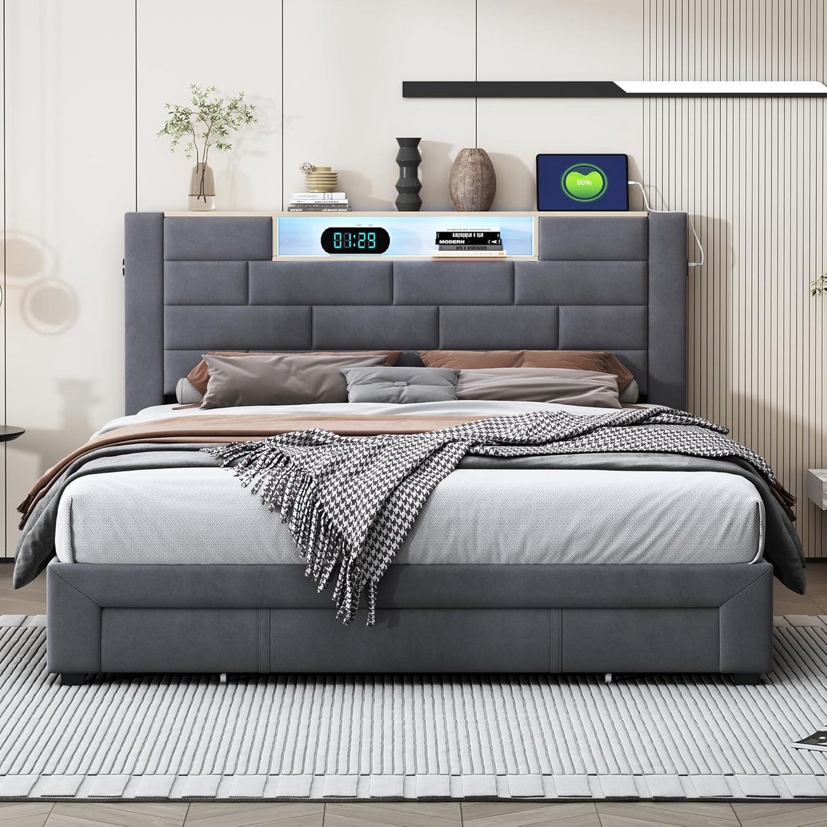 Luxe Velours Tweepersoonsbed 140x200 met Opslag en LED Verlichting