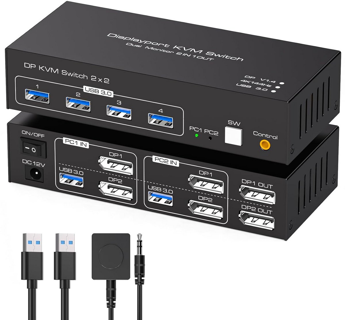 4K144Hz DisplayPort KVM-switch voor 2 pc's, geschikt voor 2 beeldschermen, USB 3.0, uitgebreide en kopieermodus, met desktopcontroller