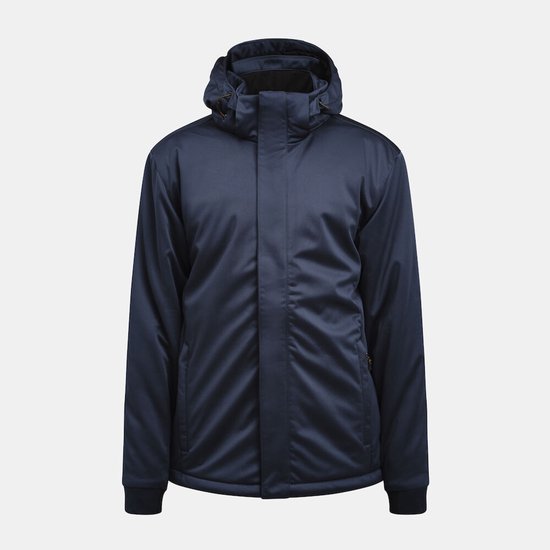 Veste d'hiver bleu marine avec capuche, fermeture éclair et col montant.