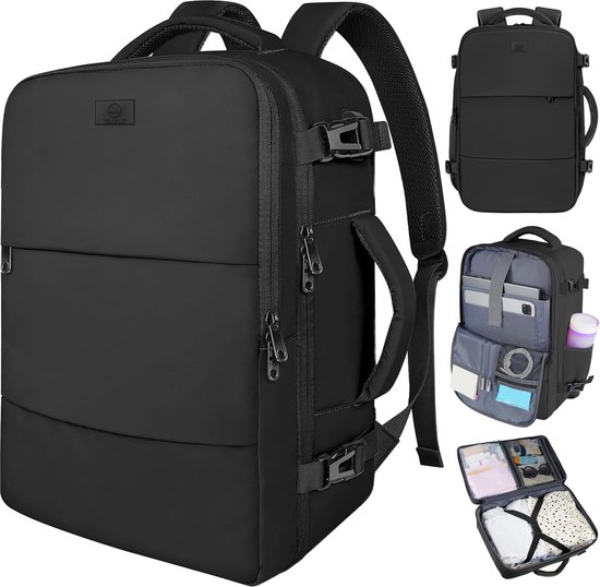 TRAVLO® Rugzak Handbagage 40x30x20 – Reistas 24L voor Dames & Heren – Weekendtas – Travel Bag – Cabin Bagage – Underseater – Tas – Koffer – Ryanair – Transavia – EasyJet – WizzAir - Vueling – TUI – Laptoptas – Schooltas – Waterdicht – Zwart