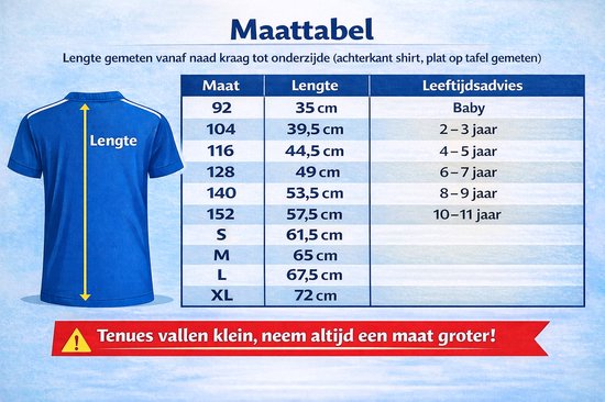 Tableau des tailles avec tailles, longueurs et conseils d'âge pour une tenue de football. Un avertissement conseille de prendre une taille au-dessus.