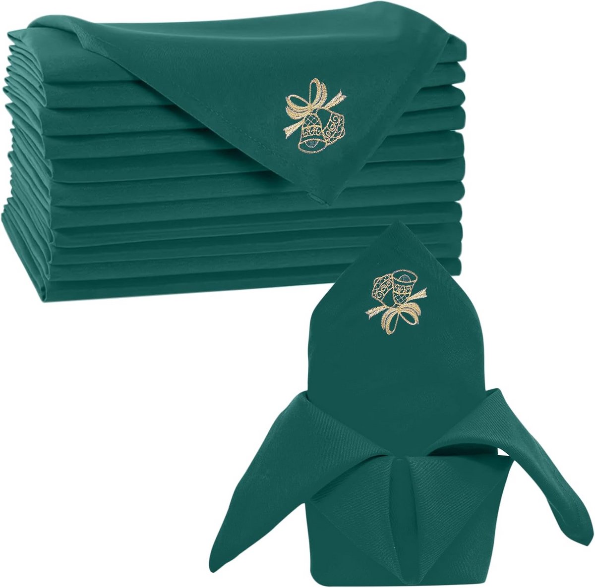 Set van 6 Groene Kerst Tafelservetten met Jingle Bell Print voor Feest en Diner