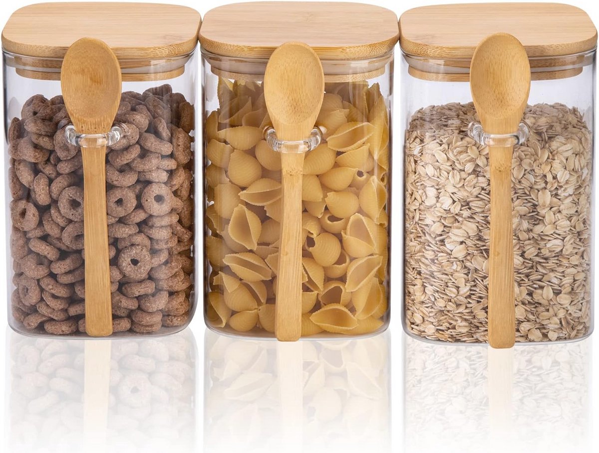 Luchtdichte glazen bewaarpotten met bamboedeksel en lepel - 1200 ml, 3 stuks