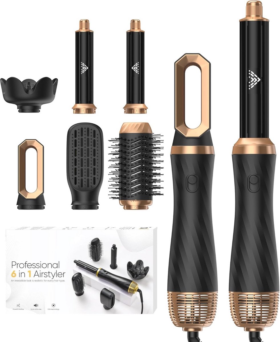 6-in-1 Haarstyler met Rond Borstel voor Volume, Droog en Krul